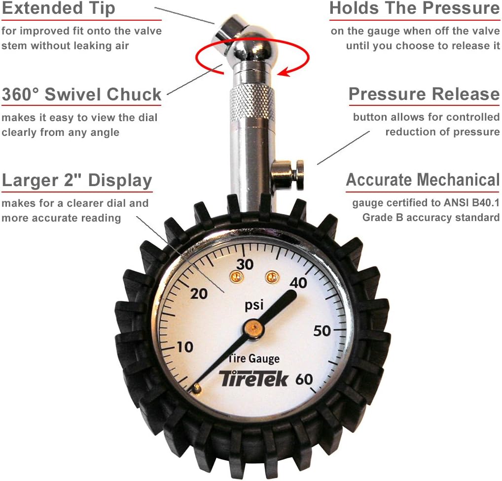 TireTek Tire Pressure Gauge 0-60 PSI - Tire Gauge for Car, SUV, Truck & Motorcycle - Heavy Duty Air Pressure Gauge ANSI Certified: Automotive