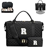 Gifts for Friend Women Girls Birthday Initial Travel Duffle Bag Quilted Weekender Bags Carry-On Overnight with Makeup Bag, Gym Bag with Shoe Compartment, Black R