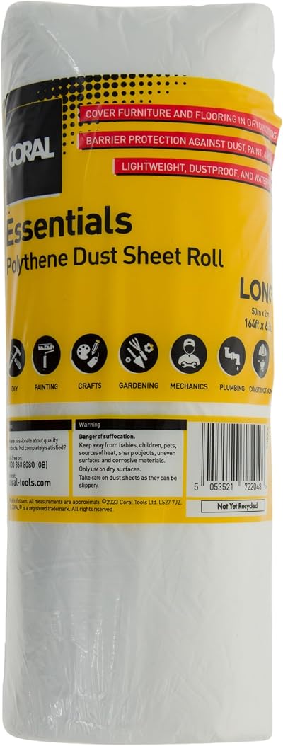 CORAL Essentials Dust Sheet Roll 100 Sqm 2m x 50m Polythene Cover