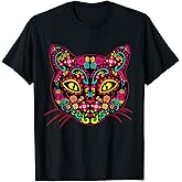 Cat Sugar Skull Dia De Los Muertos Flowers Gato Day of dead T-Shirt