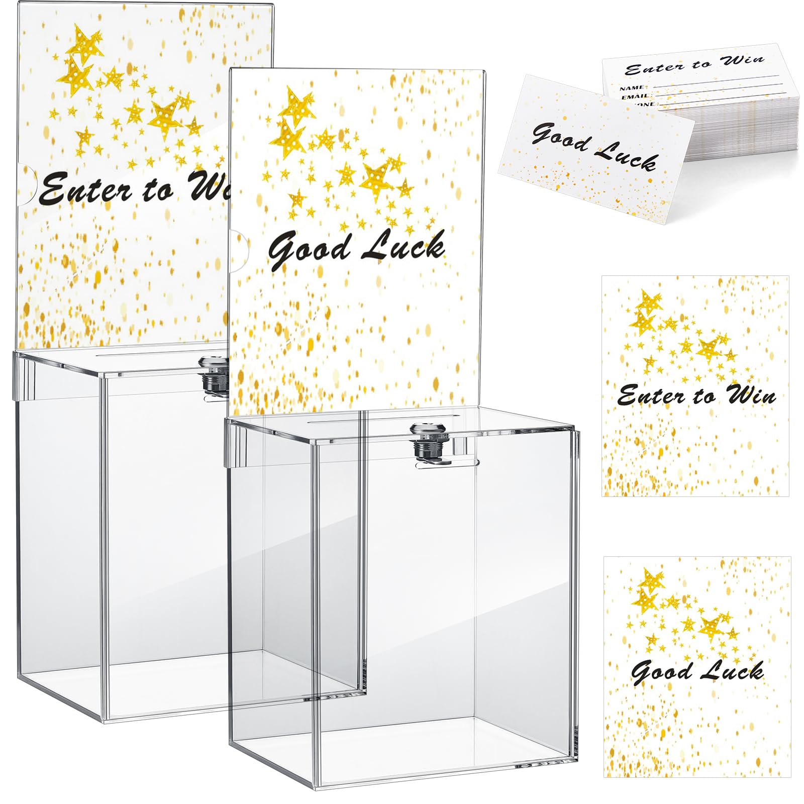 Photo 1 of Teling 2 Pcs Tall Acrylic Donation Box with Lock and Sign Plate 6.7 x 5 x 8 Inches Safe Suggestion Box and 200 Pcs Raffle Tickets Cards for Voting, Charity, Collection Supplies(Clear)
