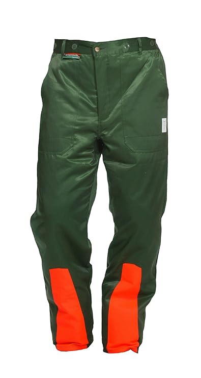 Schnittschutzhose Klasse 1, Forsthose WOODSafe, kwf-geprüft, Bundhose grün/orange mit Hosenträgern, Herren - Waldarbeiterhose