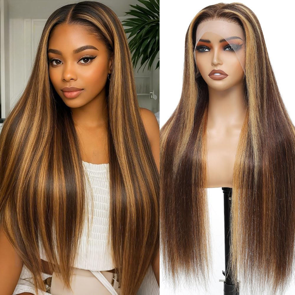 Photo 1 of WOOMN 4/27 Ombre Lace Front Wig 200 Density Real Virgin Hair 30 Inch Highlight Straight Wigs Human Hair Pre Plucked Honey Blonde Wig Human Hair 13x6 HD Lace Frontal Wig