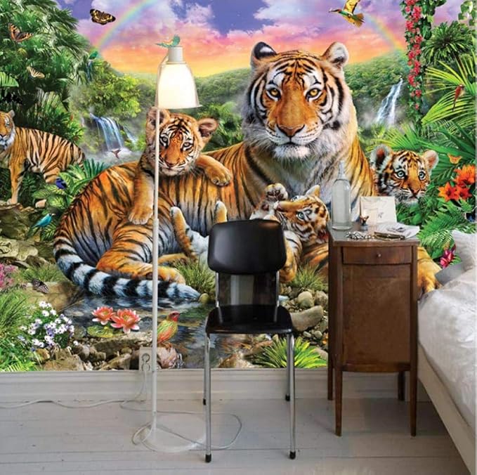 Paisaje Papel tapiz mural 3D Selva tropical Animal Tigre Planta Bosque