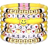 NVENF Teacher Bracelets Clay Heishi Beaded Bracelets for Women Stackable Teach Love Inspire Stretch Bracelets Colorful Bracelets Teacher Appreciation Gifts