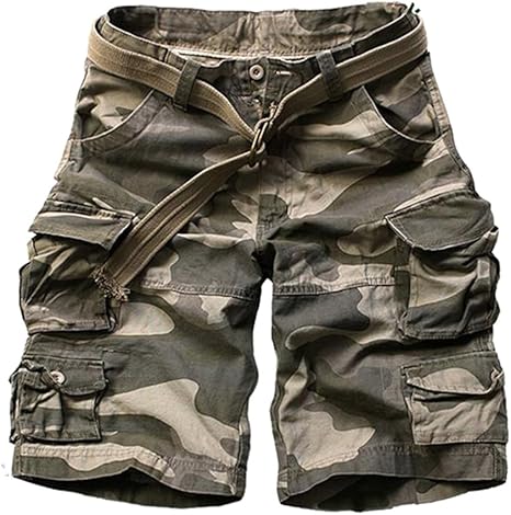 FOURSTEEDS Womens Casual Loose Fit Multi-Pocket Camouflage Twill Bermuda Cargo Shorts with Belt 