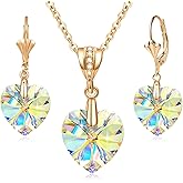 EVEVIC Austrian Crystals Heart Pendant Necklace Earrings for Women 14K Gold Plated Hypoallergenic Leverback Drop Dangle Earring Jewelry Set