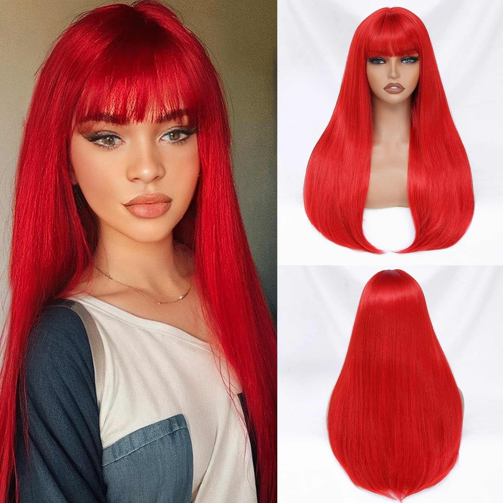 Photo 1 of VOZIFAXIU Red Wig with Bangs for Women 24 Inch Long Straight Red Wigs Synthetic Heat Resistant Wig for Daily Party Use
