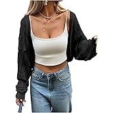 SHENHE Women's Open Front Crop Cardigan Long Sleeve Shrug Sweater Hollow Out Crochet Tops