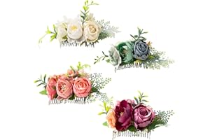 Cinaci 4 Pack Silver Metal Hair Side Combs Slides with Artificial Rose Flower Floral Wedding Bridal Headpieces Clips Hairpins Barrettes Bun Chignon Hair Accessories for Women Flower Girls Bridesmaids
