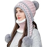 HUAMULAN Women Winter Beanie Hat Circle Scarf Set Pompoms Ski Snow Ear Flaps Sherpa Knit Hats Neck Warmer Set