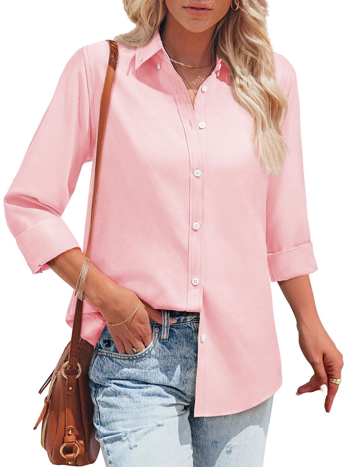 Photo 1 of **DIRTY**Aoudery Womens Oxford Shirts Button Down Shirts Cotton Dress Shirts Long Sleeve Collared Work Office Blouses Tunic Tops - Coral Pink XL