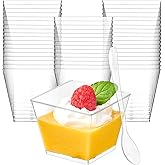 Zezzxu 4 oz Square Mini Dessert Cups with Spoons - 50 Pack Plastic Pudding & Parfait Cups Party Dessert Shooters for Serving Trifle Mousse Cake Appetizer Fruit