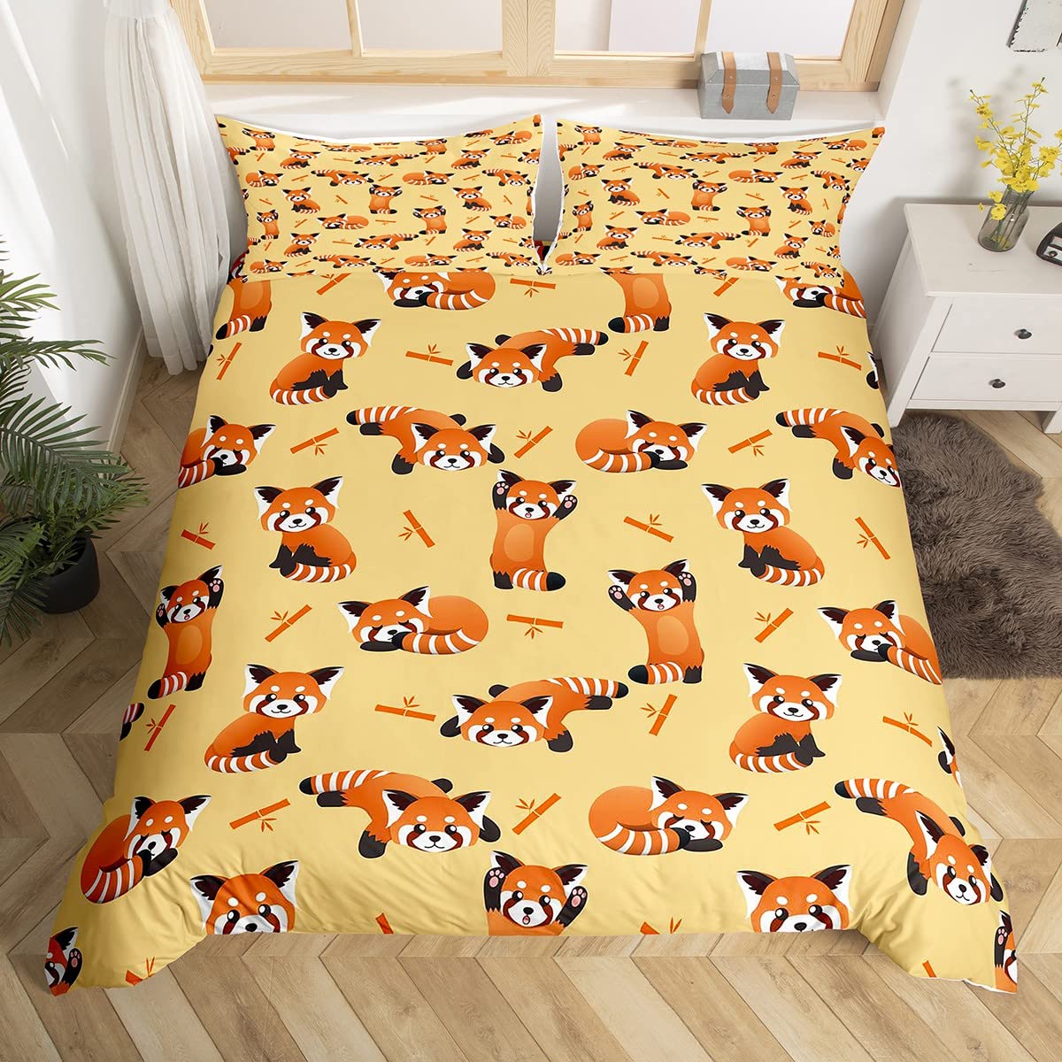 Kids Cartoon Panda Comforter Cover Cute Red Panda Bamboo Duvet Cover for Boys Girls 3D Animal Bedding Set Orange Yellow Bedspread Cover 3Pcs Bedding King