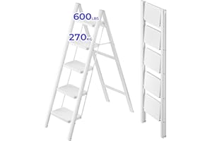 JOISCOPE 5 Step Ladder,Lightweight Folding Step Stool with Anti-Slip Pedal,600 lbs Portable Sturdy Steel Ladder for Adults,Multi Purpose Folding Ladder for Home Kitchen Office,Space Saving,White