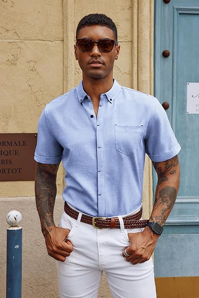 PJ PAUL JONES MENS CASUAL DRESS SHIRT SHORT SLEEVE BUTTON DOWN SHIRT SUMMER BEACH TEXTURED SHIRTS LIGHT BLUE S