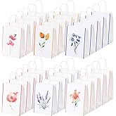 Jaloro 30 Pcs Flower Small Paper Gift Bags Bulk 5.9 x 3.2 x 8.3 Inch Kraft Paper Party Favor Bags with Handles 6 Assorted Floral Designs for Bridal Shower, Birthdays, Weddings, Crafts, Party Supplies