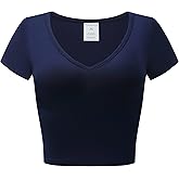 OThread & Co. Women's Short Sleeve V-Neck Crop Top Basic Comfy Stretch Tee