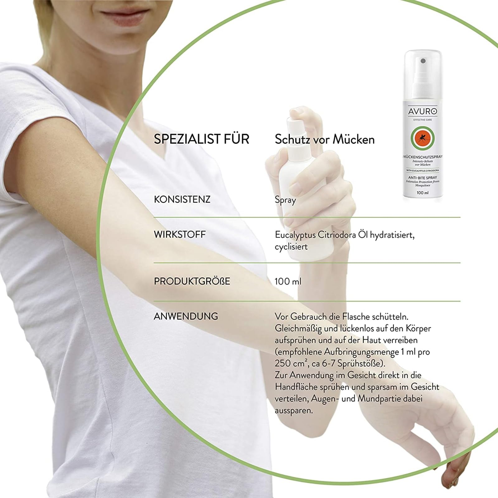 AVURO Mückenschutz Spray 100ml, langanhaltender Schutz vor Insekten, 100% pflanzlicher Wirkstoff Eucalyptus Citriodora Öl, DEET-frei 3