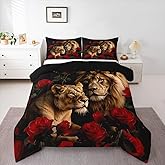 jejeloiu Lion Comforter Set Twin Size Rose Lion Bedding Set for Kids Boys Girls Safari Print Duvet Quilt 3D Wild Animal Pattern Bedroom Decor Microfiber 2 Pcs with 1 Pillow Cases