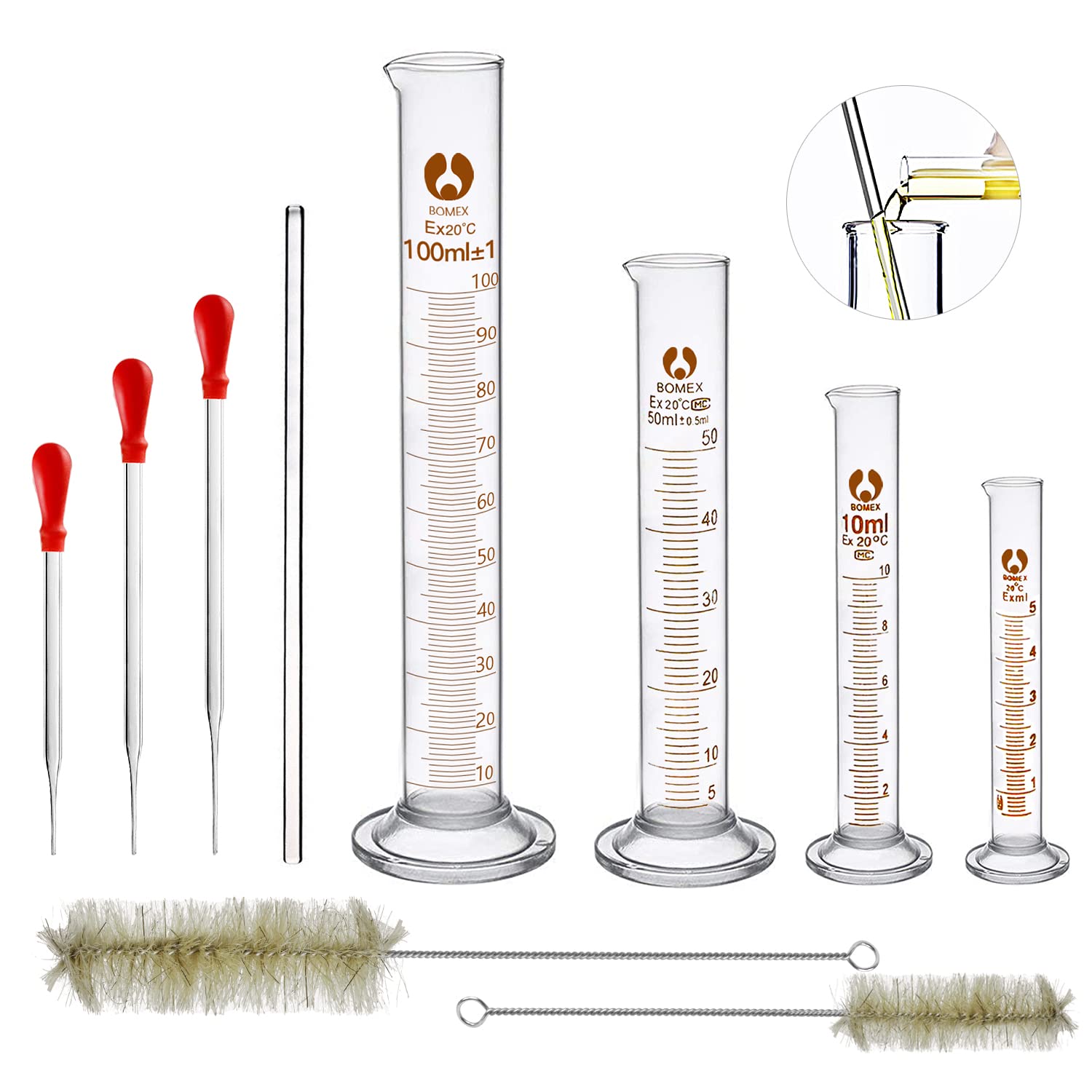 Wall Fol Lttz 4 PCS Borosilicate Glass Measuring Cylinder, Glass Stir Cab, Dropper Drip Pipette and 2 PCs Brush for Test Tube, 10 Pieces