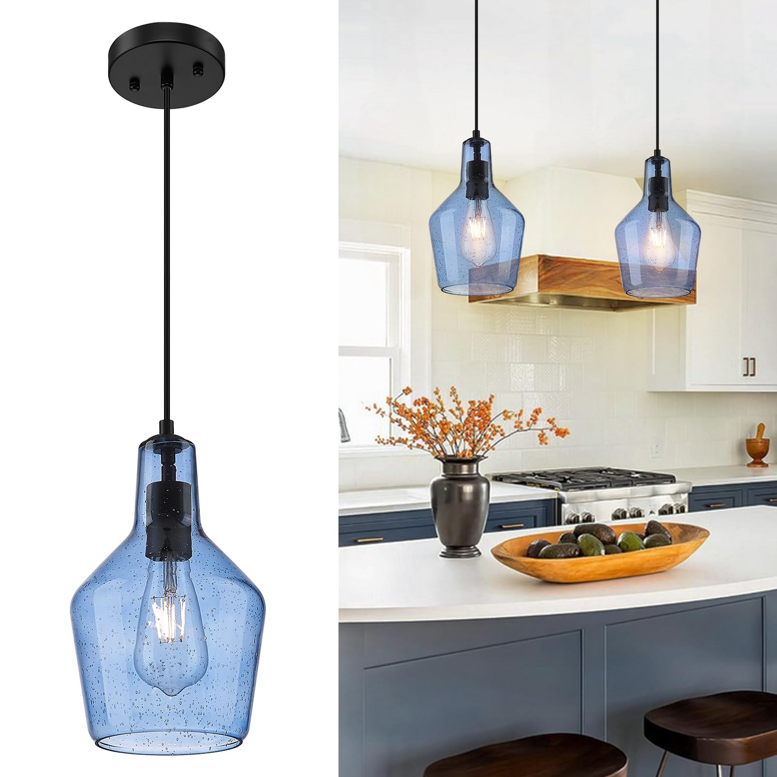 Photo 1 of Emliviar 1-Light Kitchen Pendant Lighting, Industrial Adjustable Hanging Pendant Light with Seeded Glass, Blue Finish, DYE286G1-MIL BK