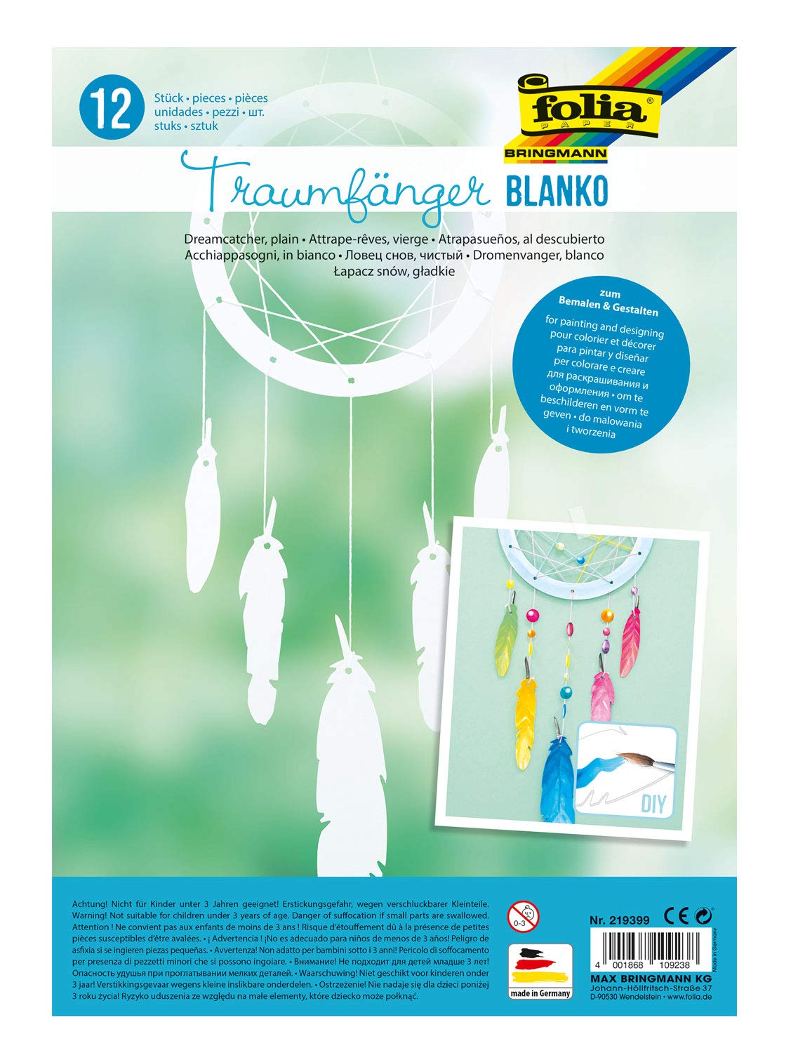 folia 219399 Dream Catcher Blank Card Blank Pack of 12 Pre-Cut and Blank Dream Catcher Rings and Feathers for Painting and Decorating Yourself