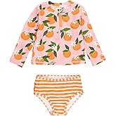 RuffleButts® Baby/Toddler Girls Long Sleeve Rash Guard 2 Piece Swimsuit Set w/UPF 50+ Sun Protection with Zipper