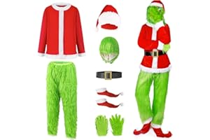 ATESMO 9PCS Green Monster Costume for Men, Adult Santa Costume with Mask, Coat, Belt, Gloves, Pants, Socks