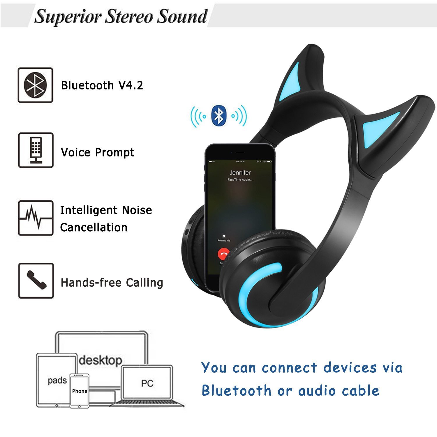 Wireless Bluetooth LED Devil Ear Headphones for Girls boy with 7 Colors