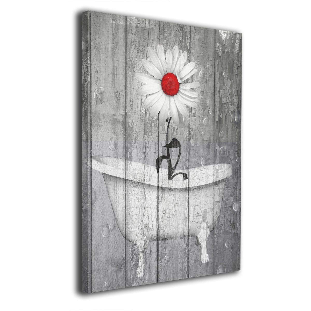 Okoart Rustic Bath Home Decor Wall Art Daisy Flower Bubbles Red Gray Farmhouse Bath Canvas Wall Art 16x20inch Artwork Art Wood Inside Framed Hanging Wall Decoration