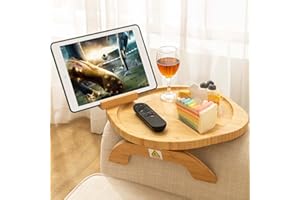 SINWANT Sofa Arm Clip on Tray Table,Bamboo Sofa Armrest Tray with 360° Rotating Phone Holder,Couch Arm Table Tray for Arm, Sofa Tables for Drinks Eating Snacks Table