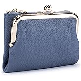 mpeak filters Genuine Leather Kiss Lock Wallet for Women Kiss Clasp Coin Purse Small Bifold Wallet with Card Slots and Zipper Pocket (Blue)