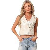 Allegra K Women's Metallic Vest Faux Leather Zip Cropped Holographic Jacket | Lapel Collar Concert Music Festival, Crop Sleeveless top Party, Collared short vest, Zipper