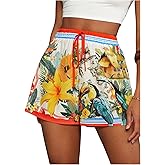 Floerns Women's Tropical Drawstring Waist Summer Shorts Straight Leg Boho Shorts
