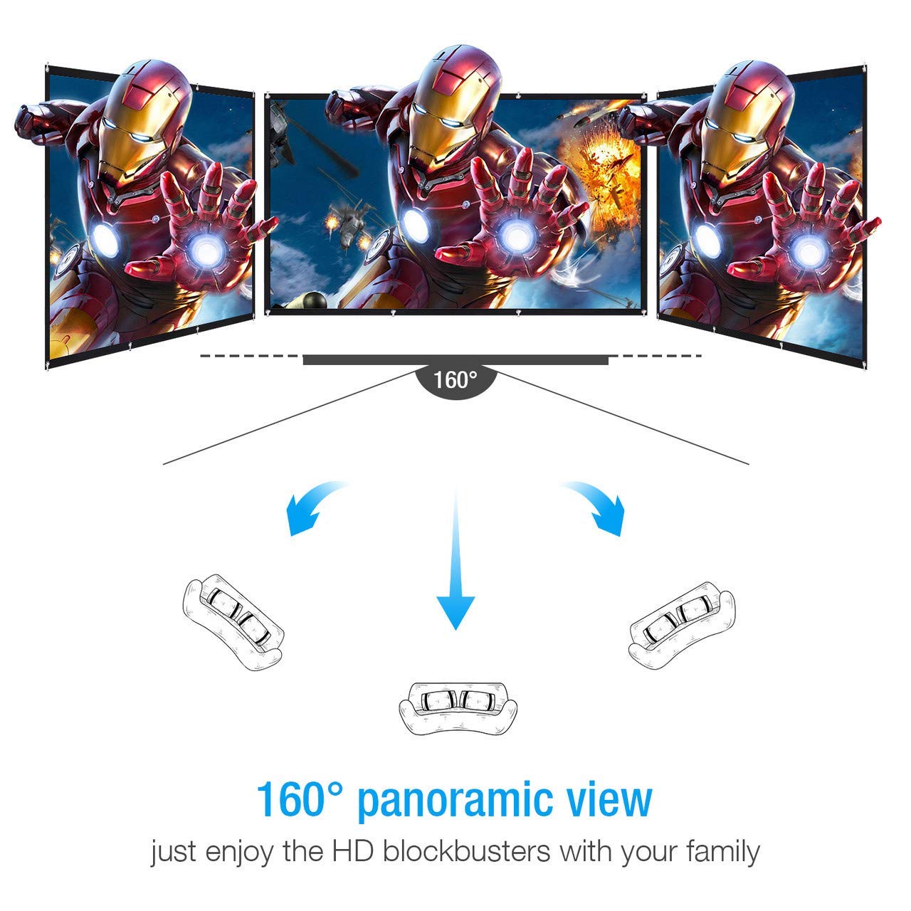 120 Inch Projection Screen, Powerextra 16:9 HD 4K Foldable Anti-Crease Portable Projector Screen for Home Theater Indoor Outdoor Movie Screen, Support Double-Sided Projection