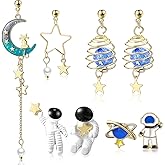 Hicarer 4 Pairs Space Earrings for Women Astronaut Stud Planet Star Moon Dangle Earrings Cute Cool Jewelry for Girls