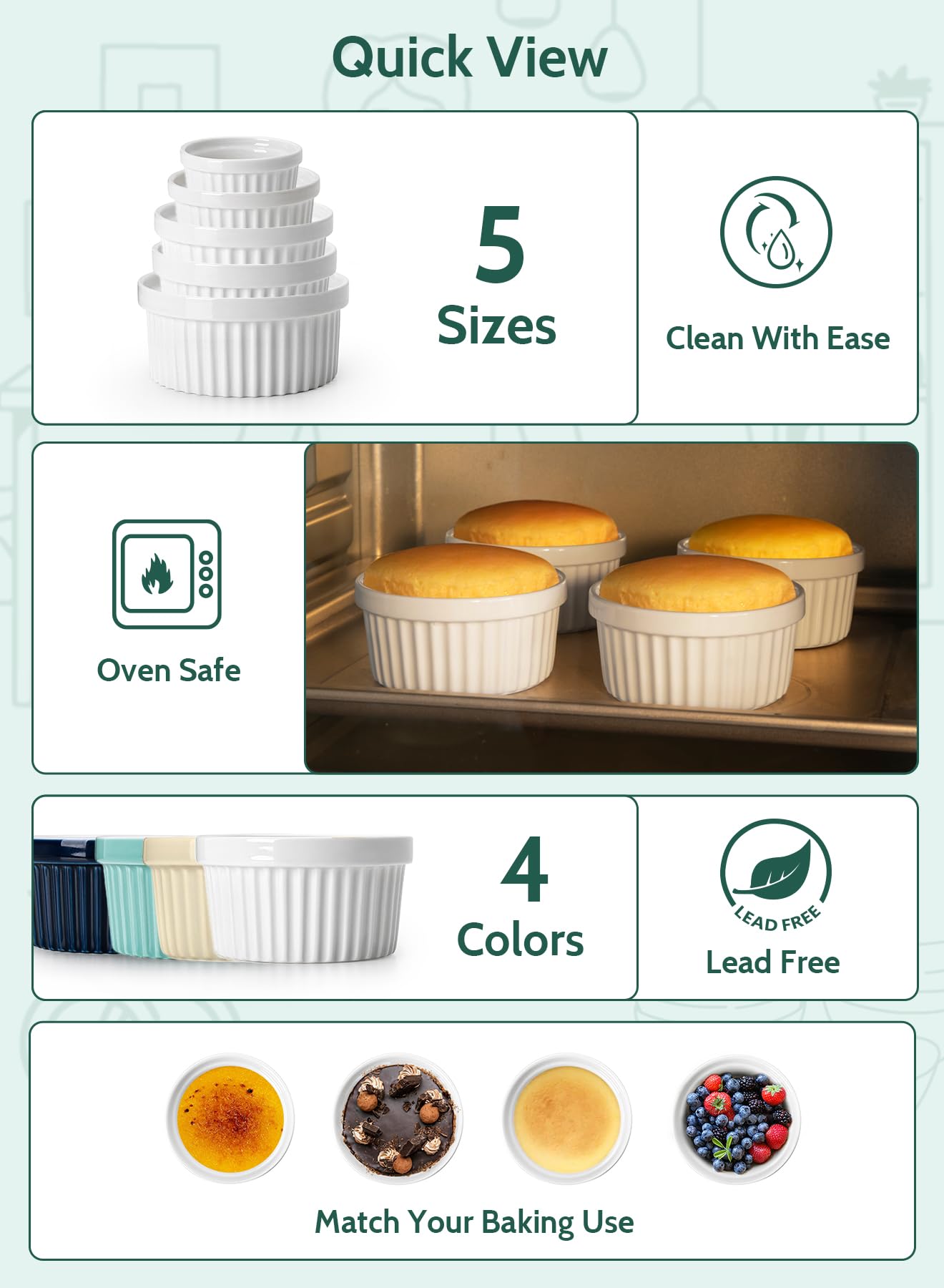 Sweese 8 oz Ramekins Set of 6, Creme Brulee Ramekins Oven Safe, Porcelain Ramiken Set, Souffle, Custard Cups for Baking and Ice Cream Bowl, White