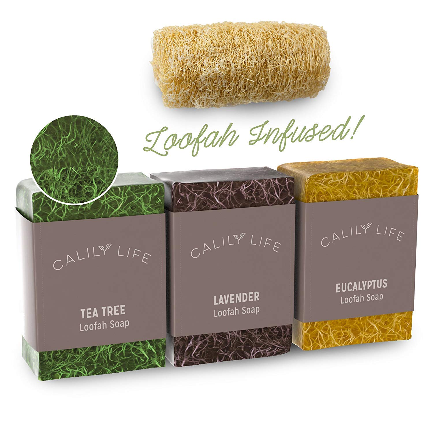 Calily Life Natural Luffa Soap Set Exfoliating Moisturizing Shower and Bath Soap Loofah Body Scrub Exfoliator – Lavender, Eucalyptus and Tea Tree Essential Oil Infused Soap with Natural Luffah sponge