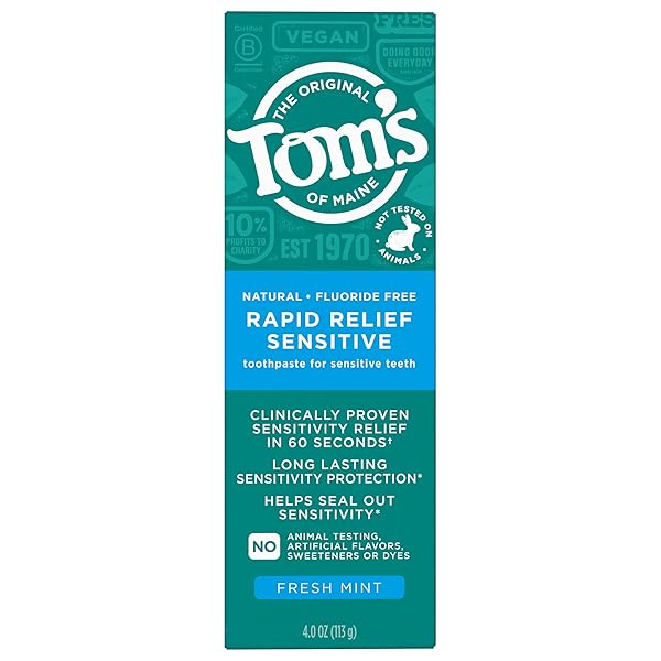 TOM’S OF MAINE FLUORIDE-FREE RAPID RELIEF SENSITIVE TOOTHPASTE, FRESH MINT, 4 OZ. 3-PACK (PACKAGING MAY VARY)