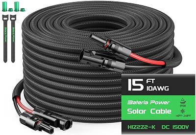 15FT Twin Wire Solar Panel Extension Cable, 10 Gauge PV Wire with IP68 Female & Male Waterproof Connectors, Flame Retardant Protective Sleeving and Dust Caps for Home, RV, Photovoltaic Systems