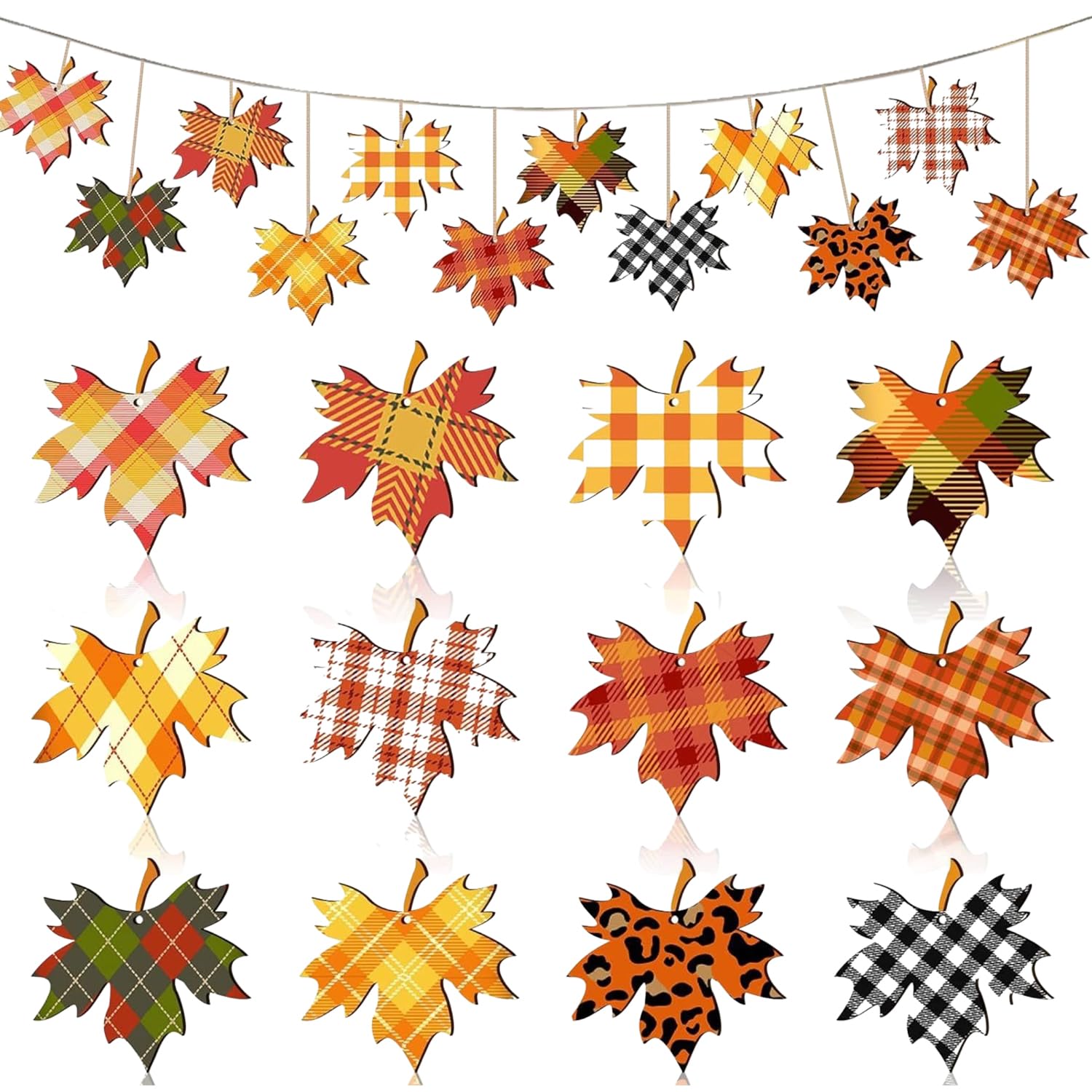 Photo 1 of 12Pcs Autumn Thanksgiving Decorations with Hemp Rope Plaid Pattern Maple Leaves Fall Tree Hanging Decor Maple Leaf Hanging Ornaments for Porch Mantel Festive Thanksgiving Party Decorations