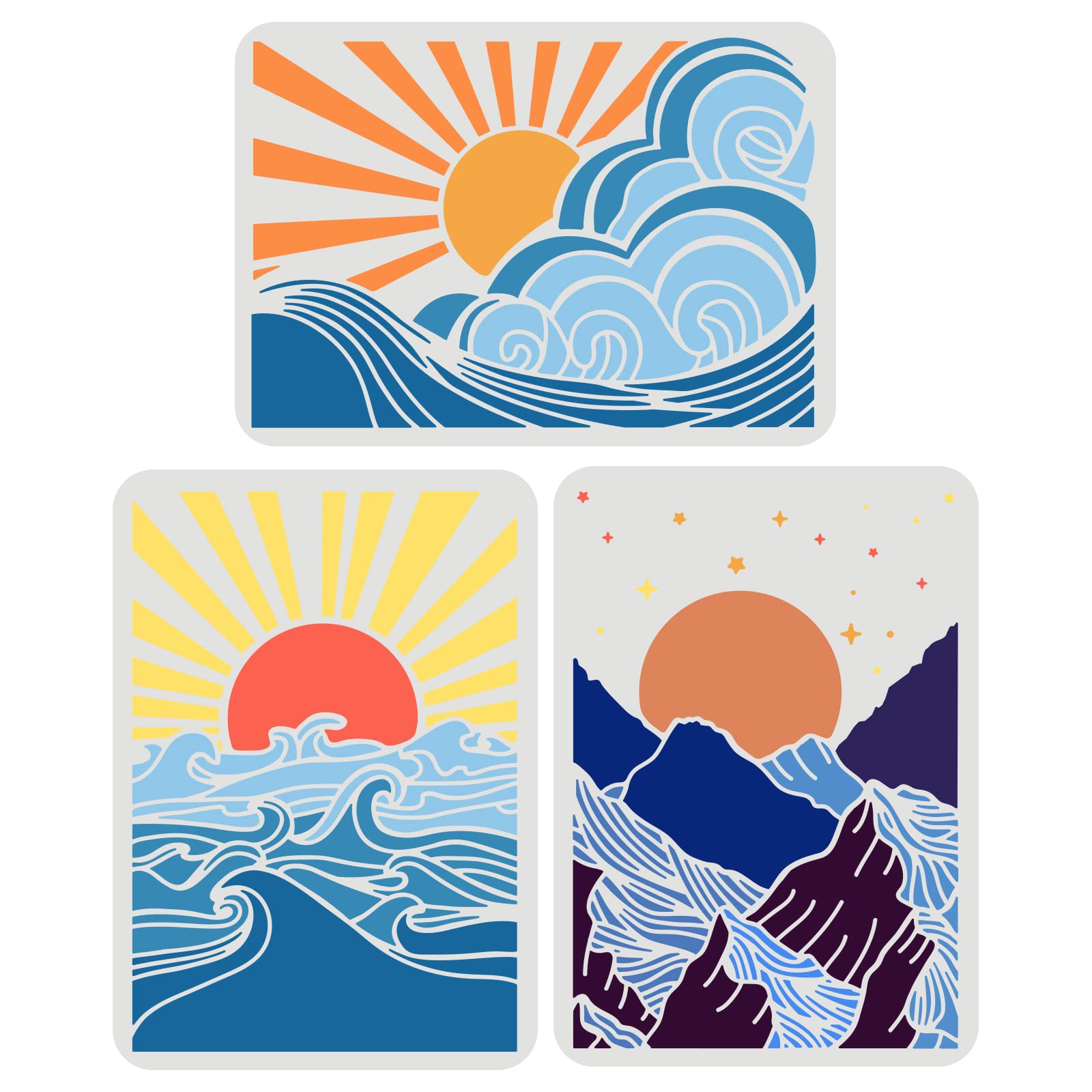 FINGERINSPIRE 3 Pcs Sun Sea Wave Mountain Stencils 29.7x21cm A4 Size Moon and Starry Sky Stencil Reusable Large Vinyl Stencil for Painting on Wood Fabric Wall Furniture Card Making Home Decor