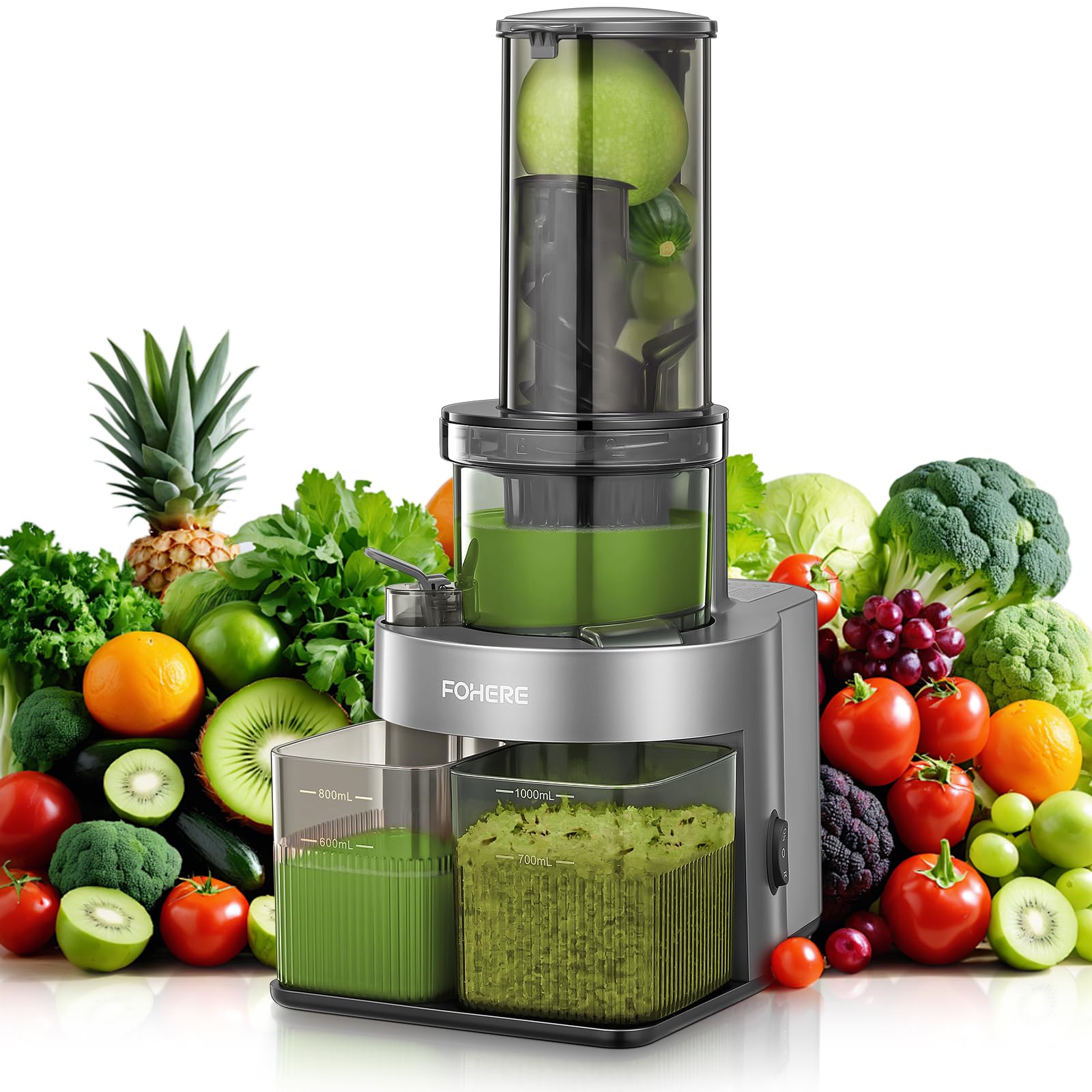 FOHERE Slow Juicer Sapcentrifuge voor groenten en fruit, 119 mm, elektrische koudpers met stille motor van 200 watt, gemakkelijk te reinigen met tweelaagse filter en achteruitfunctie