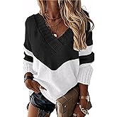Women's Striped Sweater Casual Leopard Long Sleeve V Neck Chunky Knit Drop Shoulder Pullover Jumper Tops