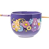 Silver Buffalo Care Bears Flower Power Groovy Clouds Ceramic Ramen Noodle Rice Bowl with Chopsticks, Microwave Safe, 20 Ounces