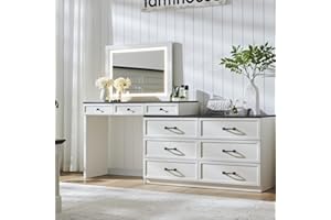 Aitjunz 69" W Big Vanity Desk with Glass Top, Farmhouse Makeup Table with 9 Large Storage Drawers, Rustic Wood Bedroom Dressing Table w/3 Color Available Light & 30" HD Led Mirror,White