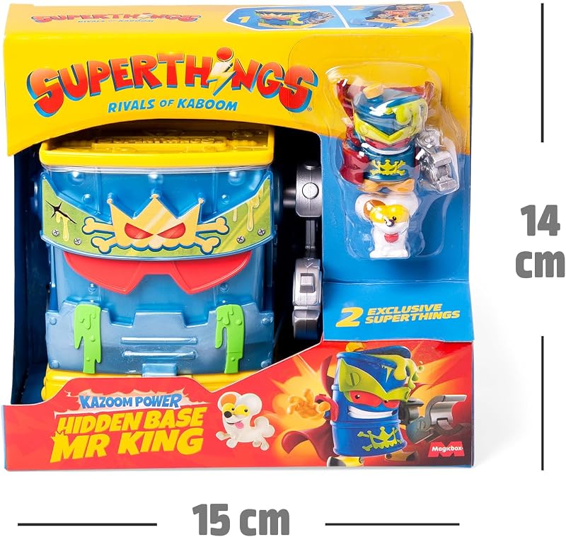 SUPERTHINGS KAZOOM Power – Hidden Base Mr. King. Tana di Mr. King della serie TV di Clan "Kazoom Power". Contiene 1 Base Hiddden, 1 Mr King Esclusivo, 1 Rum Esclusivo