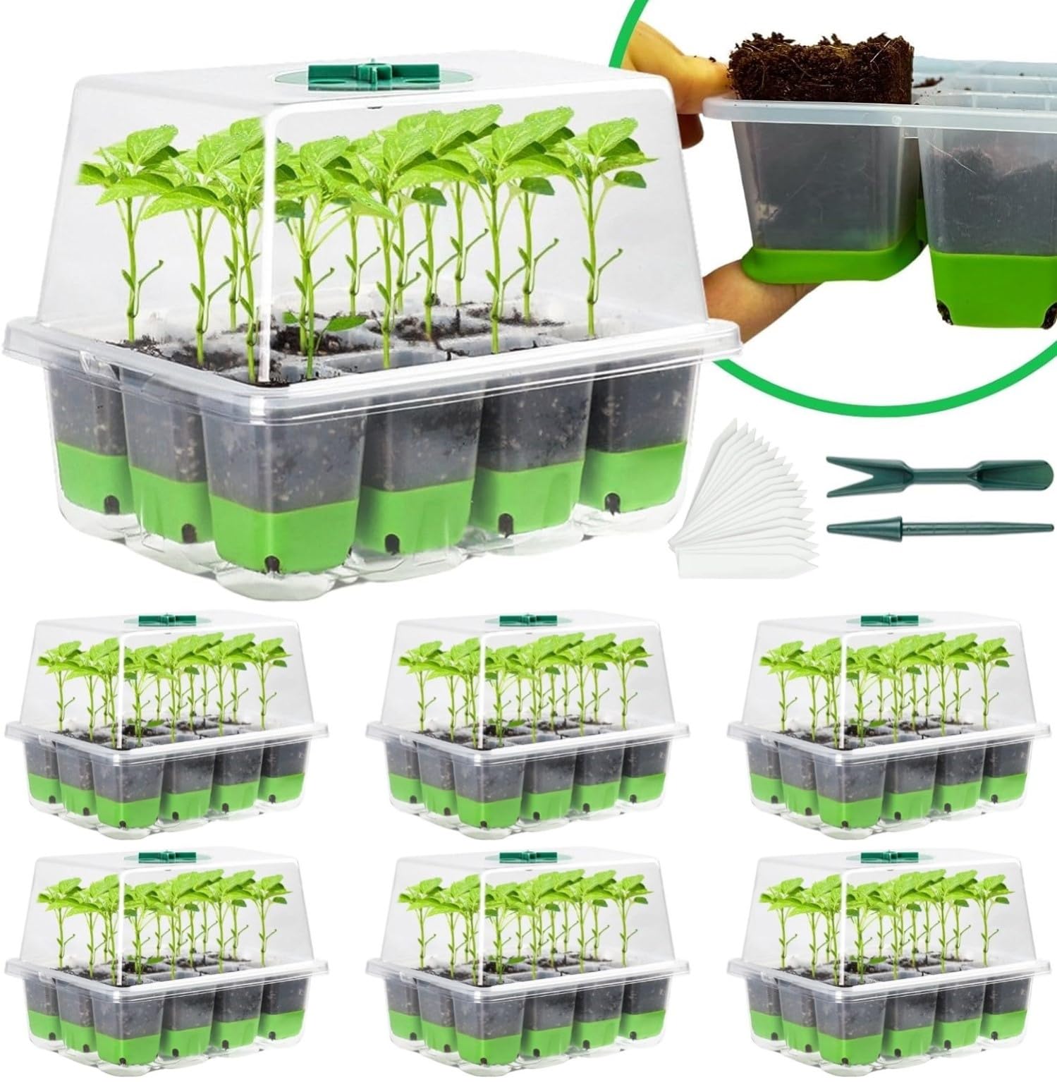 KAHEIGN 6Pcs Silicone Seed Starter Trays, 72 Cells Reusable Seeding Propagator Tray Heavy Duty Plant Seed Growing Tray Kit with Adjustable Vents, Raised Lid, Silicone Base, Plant Labels, Tools