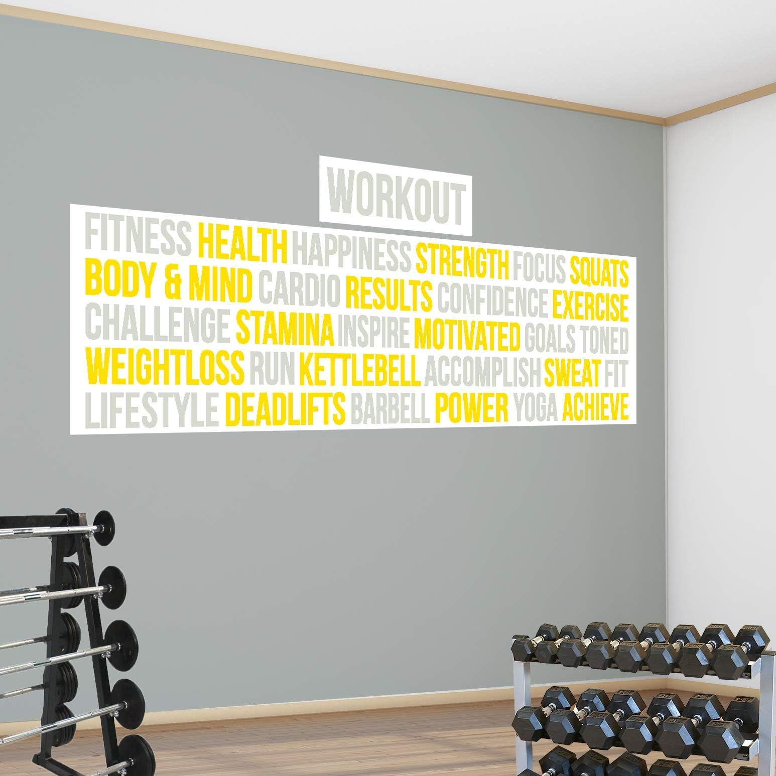 Pro Gym Workout Word Block. Premium Motivational Fitness Gym Motivational Wall Art Decal. (124cm x 35cm, Dove Grey & Yellow on white background)